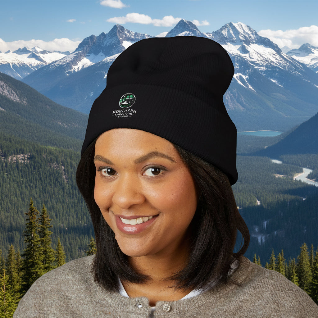 Embroidered Globe Cuffed Beanie — Sustainable Earth Logo Winter Hat