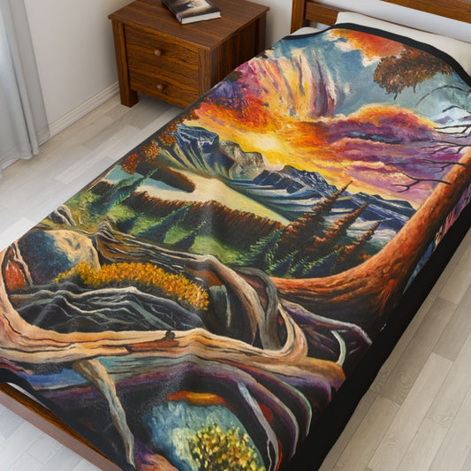 Plush Blanket — Vibrant Mountain Sunset Forest Scene