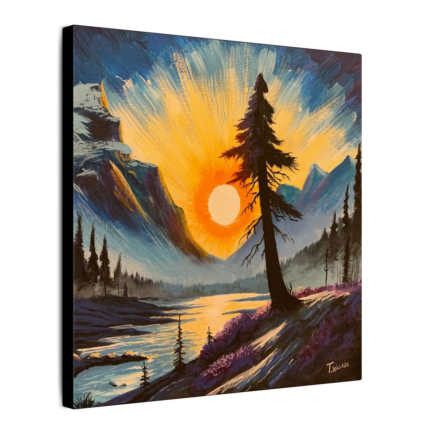 Sunrise Mountain Canvas Print — Dramatic Pine Tree Landscape Wall Art