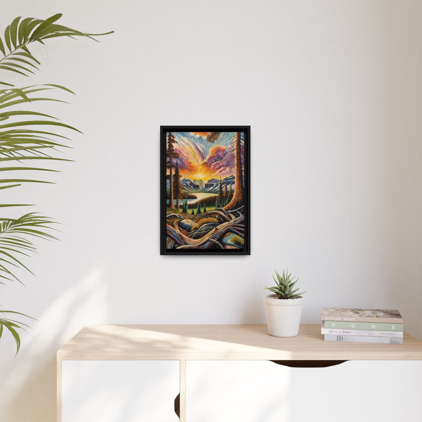 Framed Matte Canvas "Roots meet Fire" Print — Vibrant Mountain Sunset Wall Art