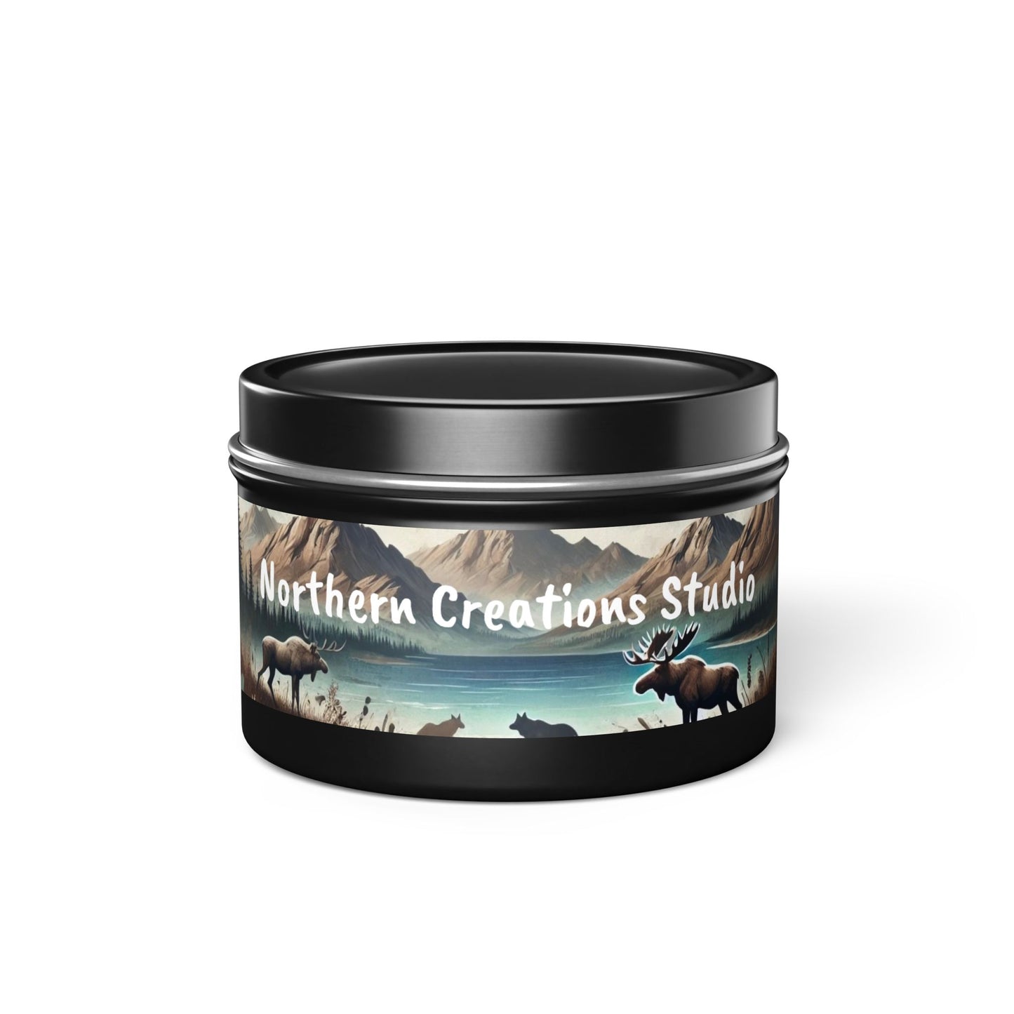 Mountain Moose Tin Candle — Nature Scents Candle with 'Northern Creations Studio' Label