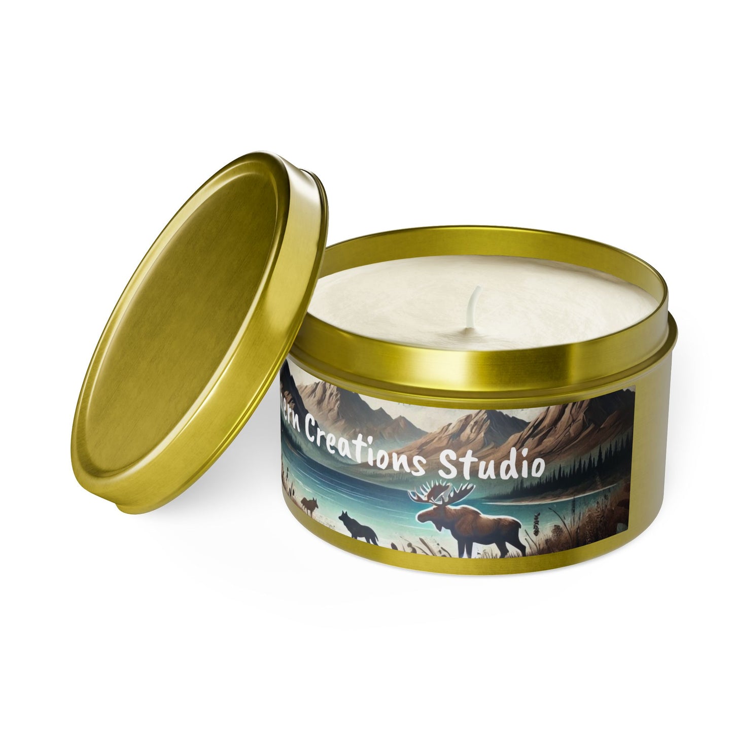 Mountain Moose Tin Candle — Nature Scents Candle with 'Northern Creations Studio' Label