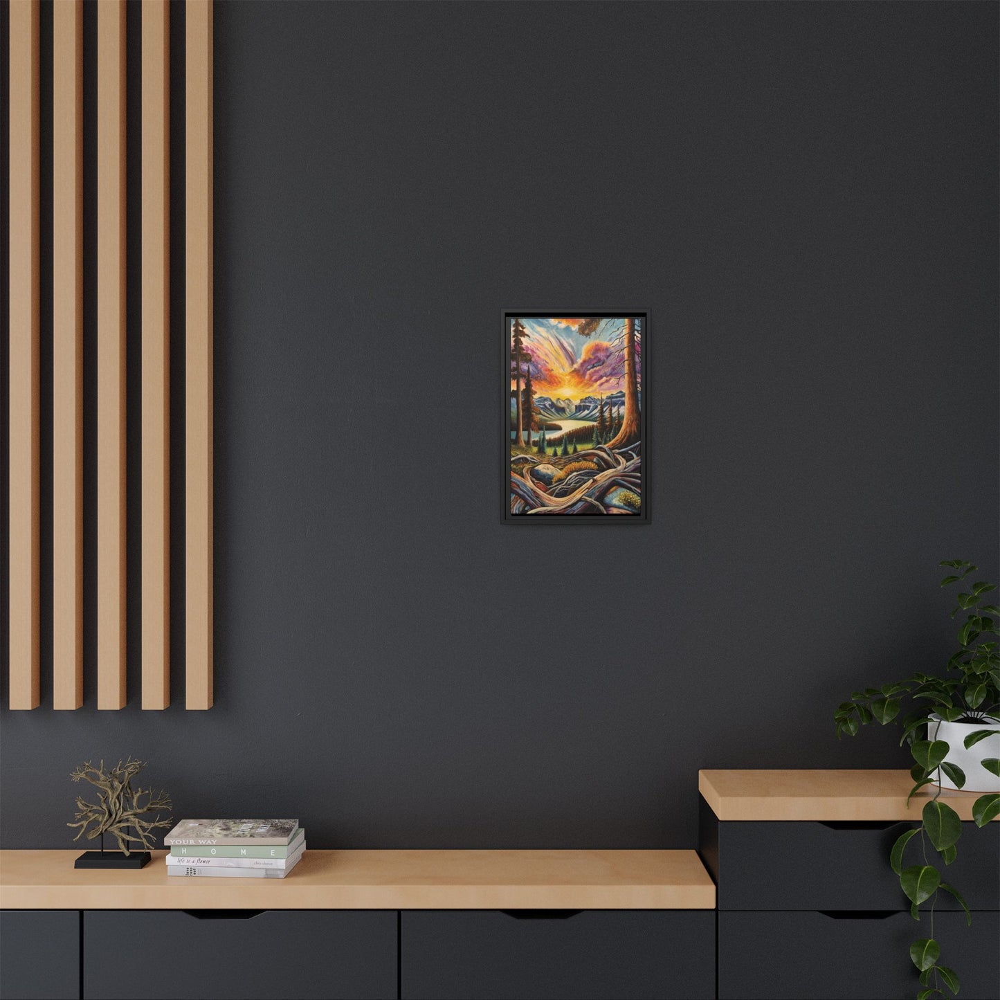 Framed Matte Canvas "Roots meet Fire" Print — Vibrant Mountain Sunset Wall Art