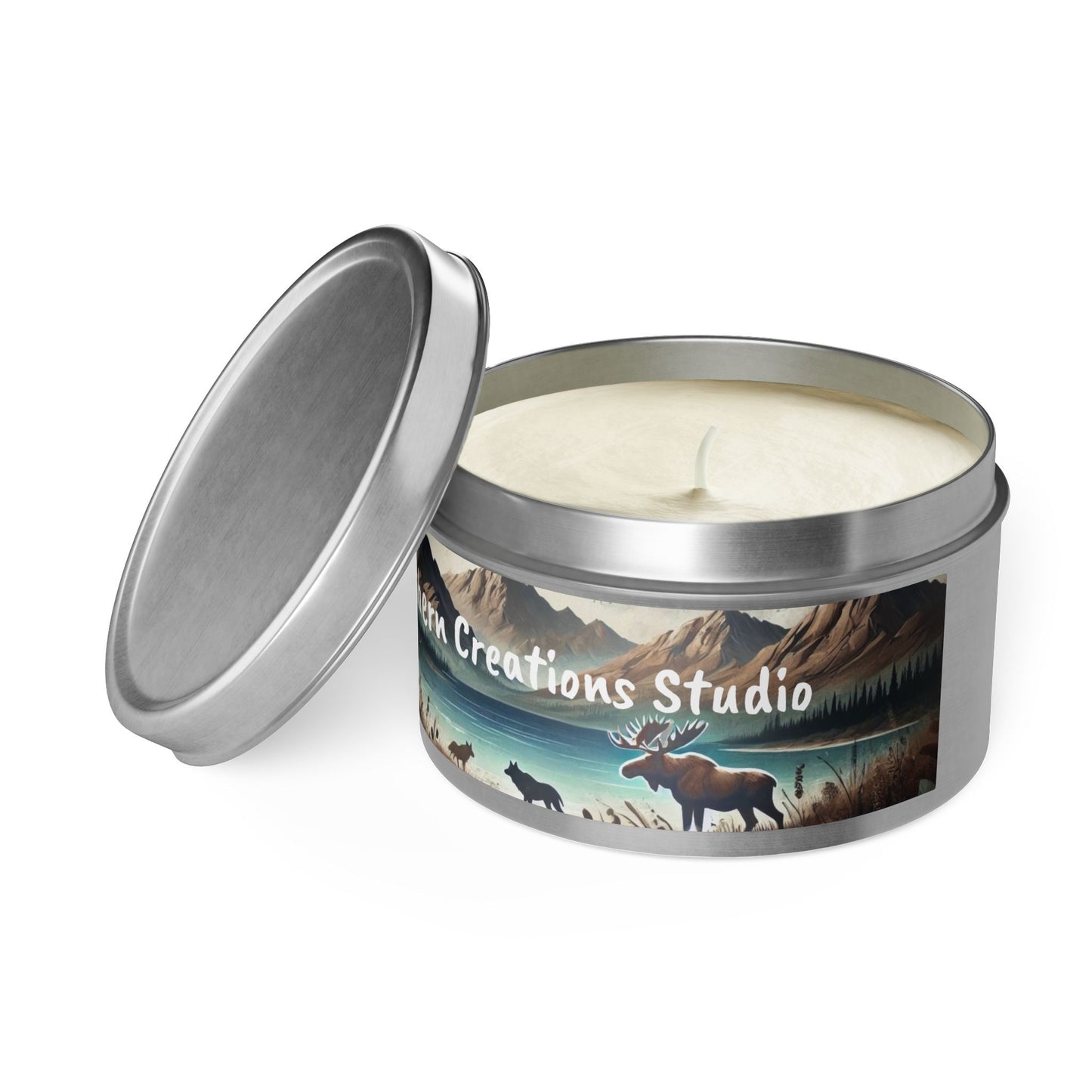 Mountain Moose Tin Candle — Nature Scents Candle with 'Northern Creations Studio' Label
