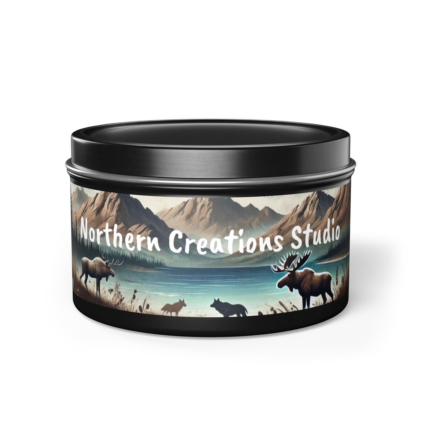 Mountain Moose Tin Candle — Nature Scents Candle with 'Northern Creations Studio' Label