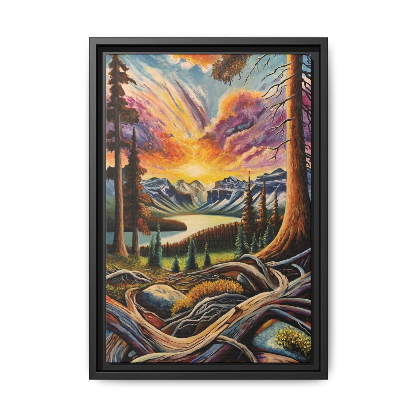 Framed Matte Canvas "Roots meet Fire" Print — Vibrant Mountain Sunset Wall Art