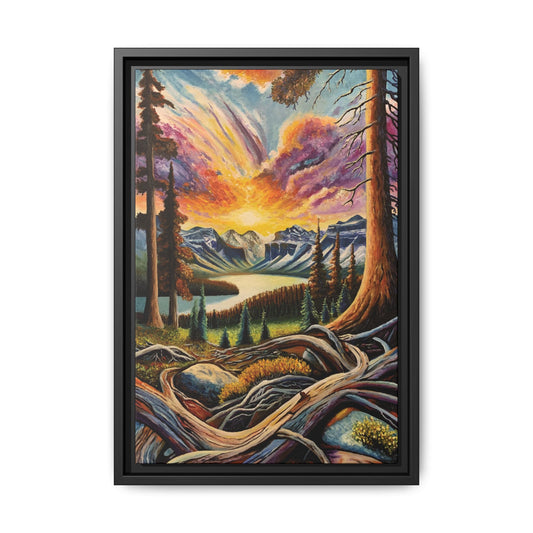 Framed Matte Canvas "Roots meet Fire" Print — Vibrant Mountain Sunset Wall Art