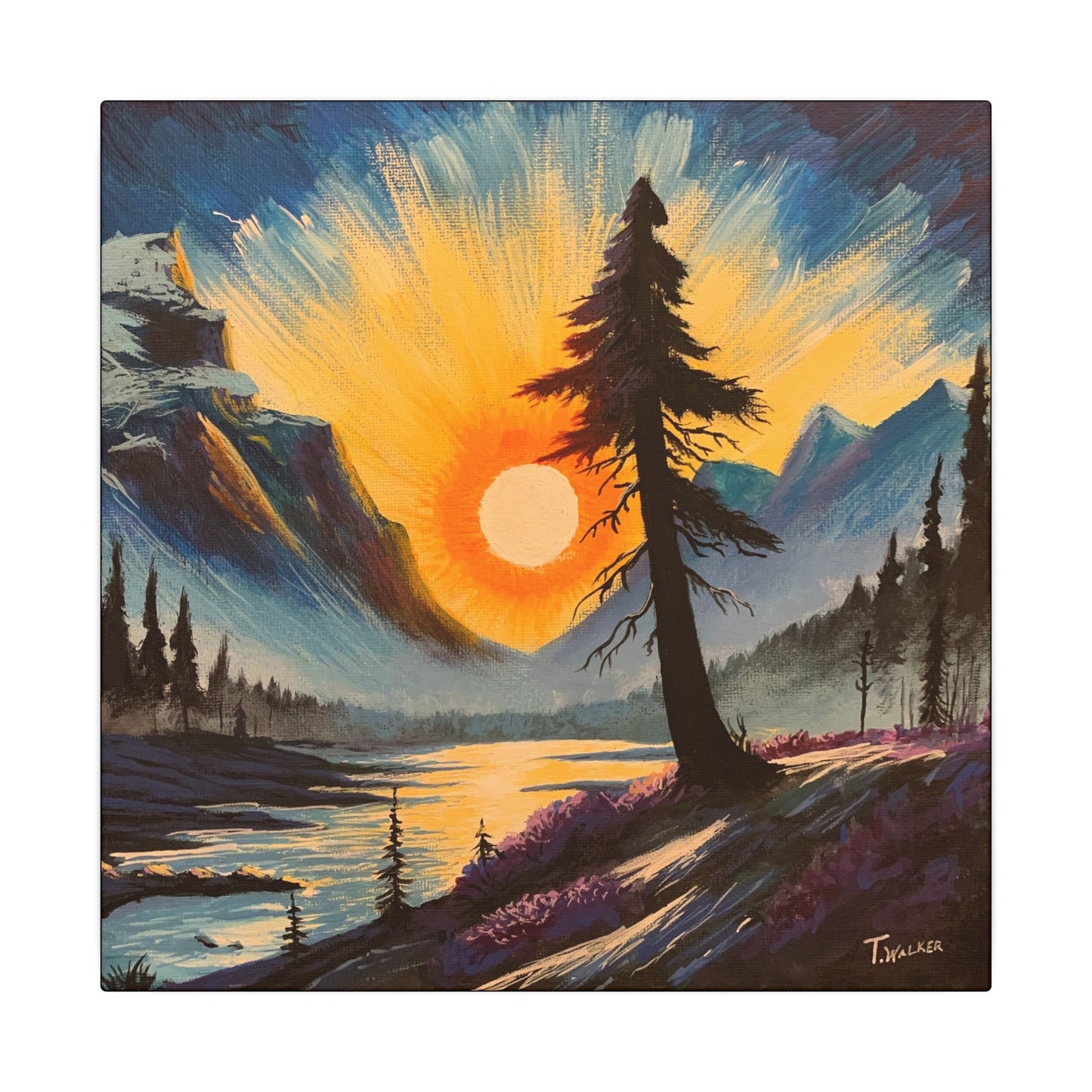 Sunrise Mountain Canvas Print — Dramatic Pine Tree Landscape Wall Art