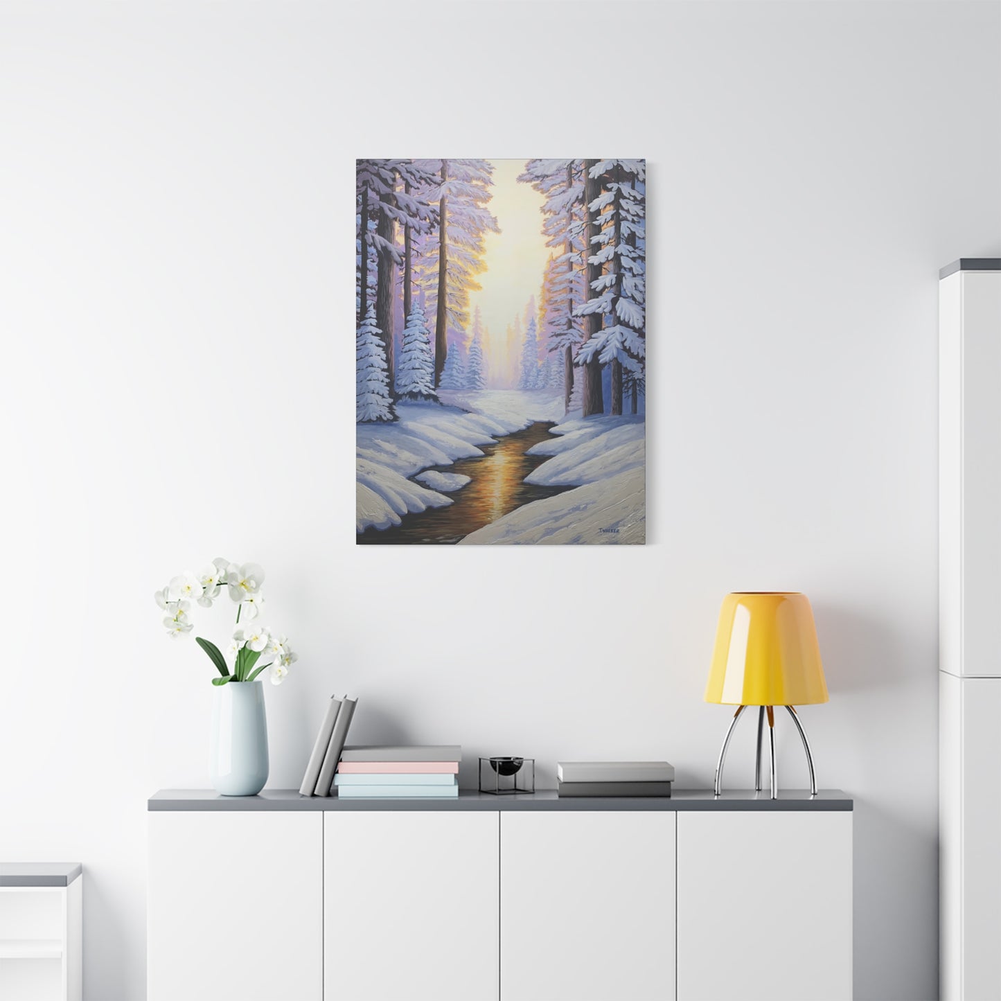 Winter Forest Canvas Print – Snowy Stream Matte Stretched Wall Art