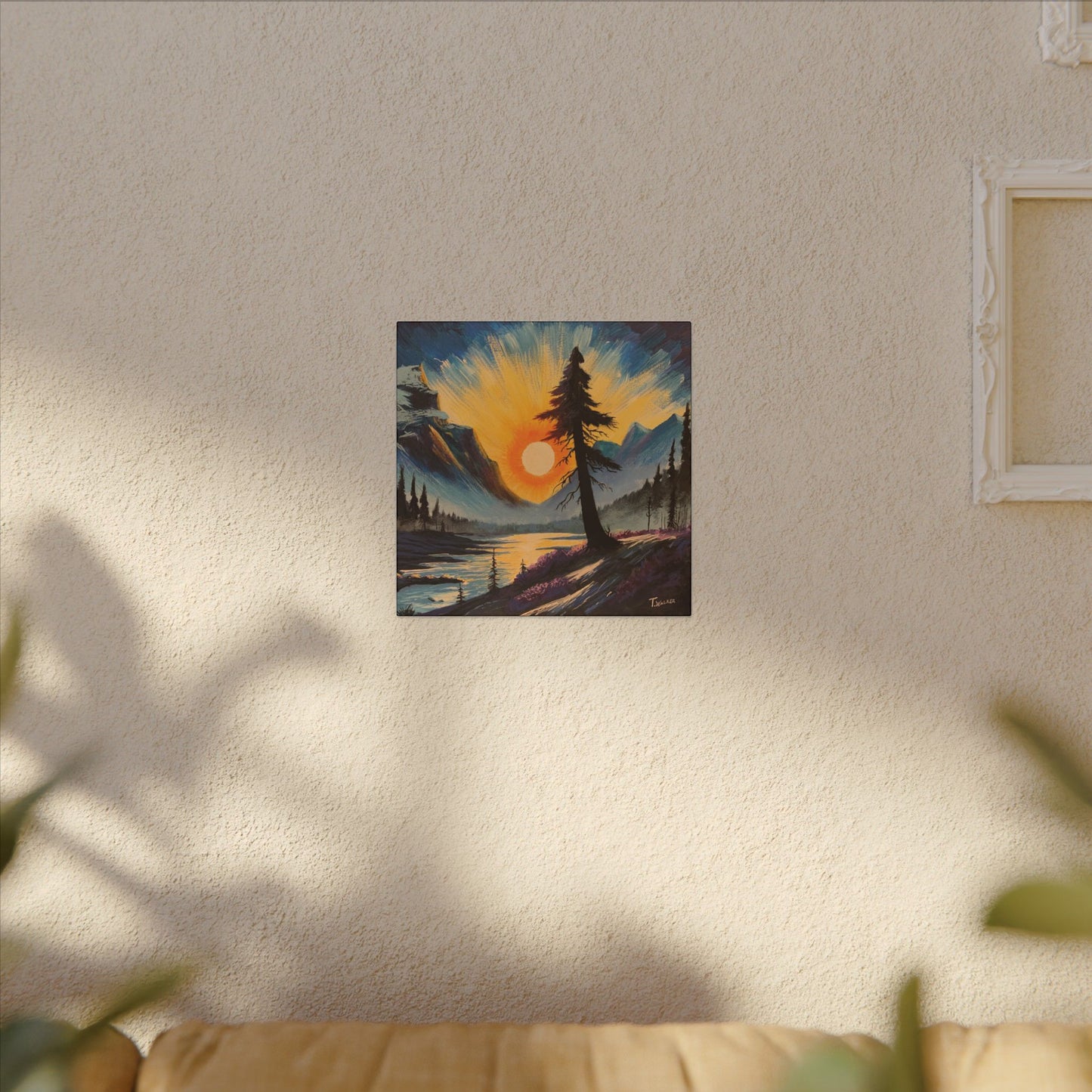 Sunrise Mountain Canvas Print — Dramatic Pine Tree Landscape Wall Art
