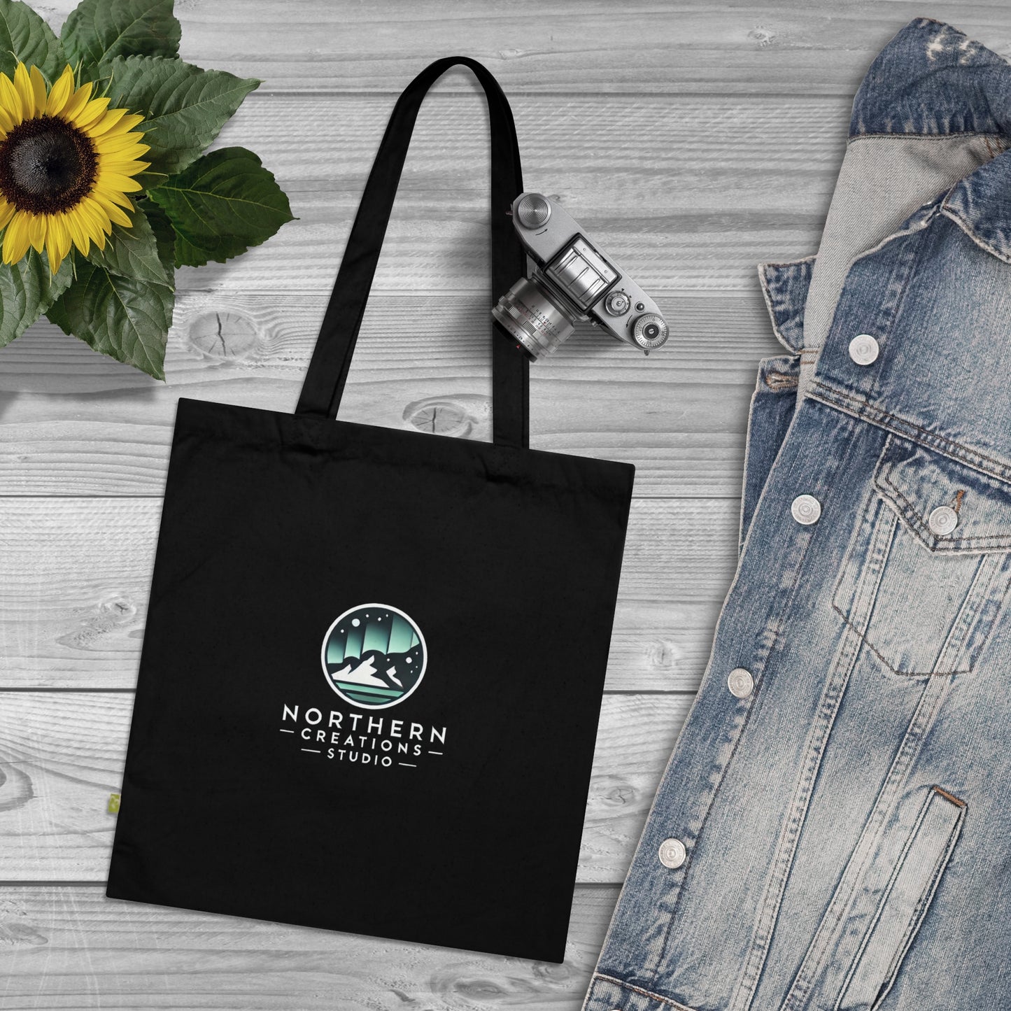 Northern Creations Studio Organic Cotton Tote — Eco-Friendly Mountain & Aurora Logo Bag