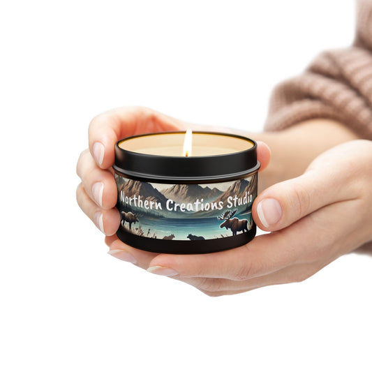 Mountain Moose Tin Candle — Nature Scents Candle with 'Northern Creations Studio' Label