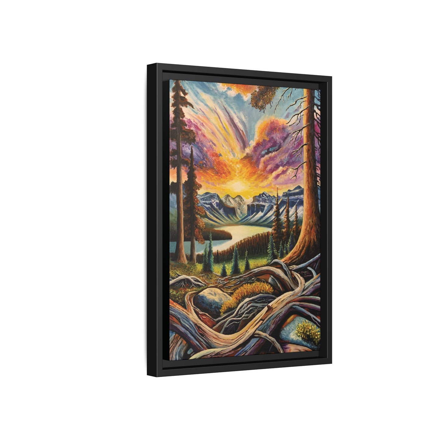 Framed Matte Canvas "Roots meet Fire" Print — Vibrant Mountain Sunset Wall Art