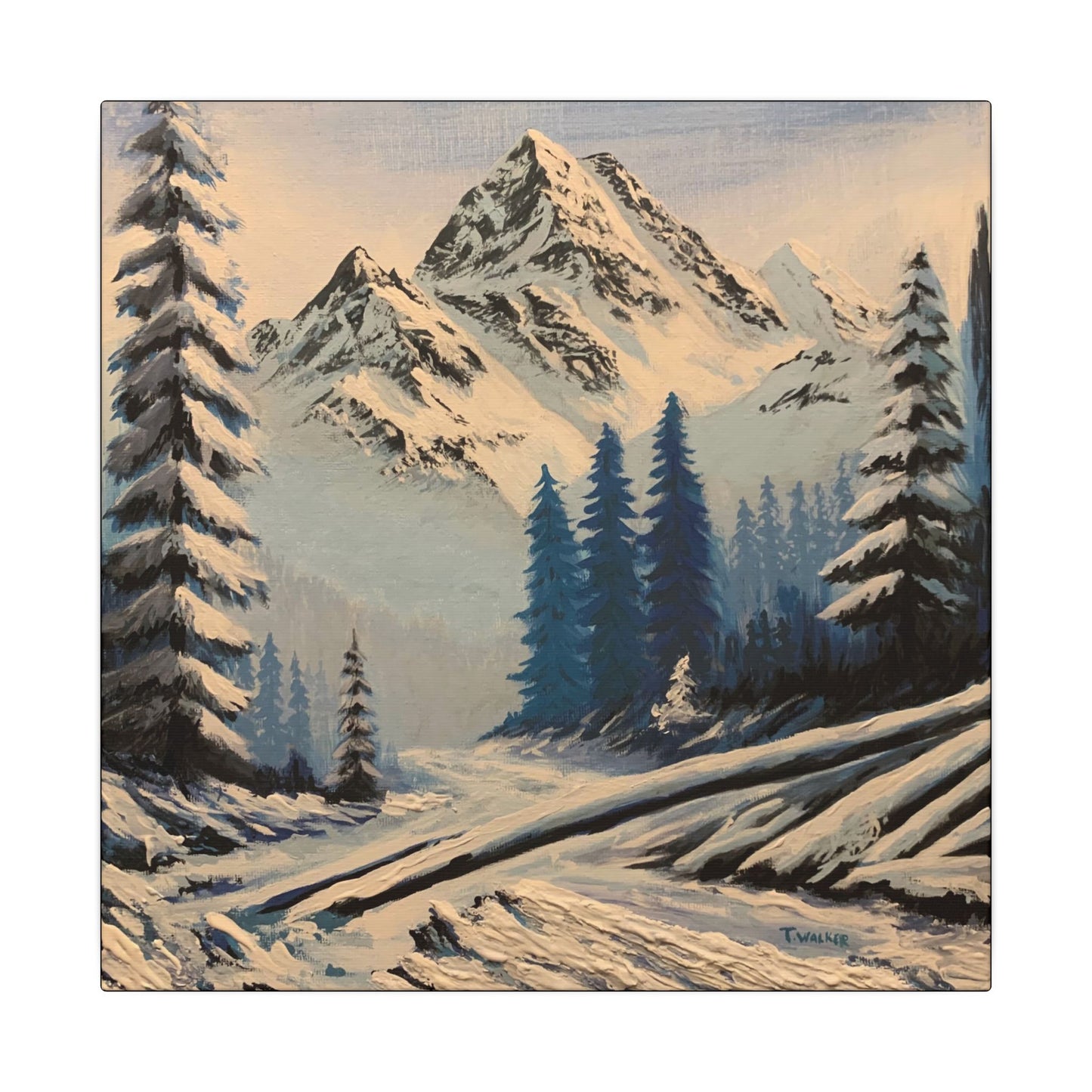 Winter Mountain Canvas Print — Snowy Pine Landscape Matte Stretched Wall Art