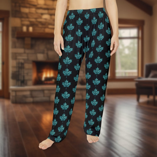 Women's Pajama Pants — Teal Maple Leaf Pattern Loungewear
